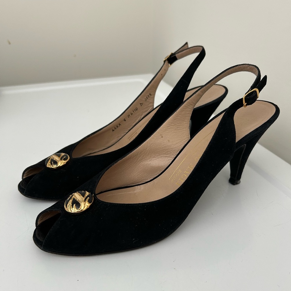 Bruno Magli Suede Peep Toe Slingback Heels Black Size 8 AAAA Extra Narrow